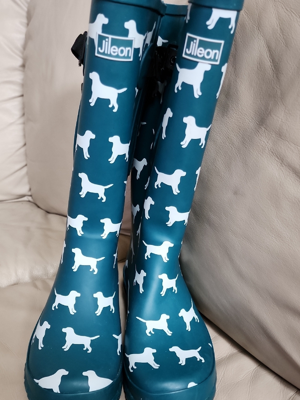 Jileon Women's Teal Dog-Print Rain Boots Size 10 Wide Calf Preowned